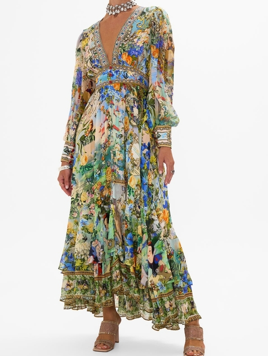 Dresses & Skirts - Women'S Vintage Floral Print Maxi Dress | Long Sleeve Boho Elegant Cocktail Wedd